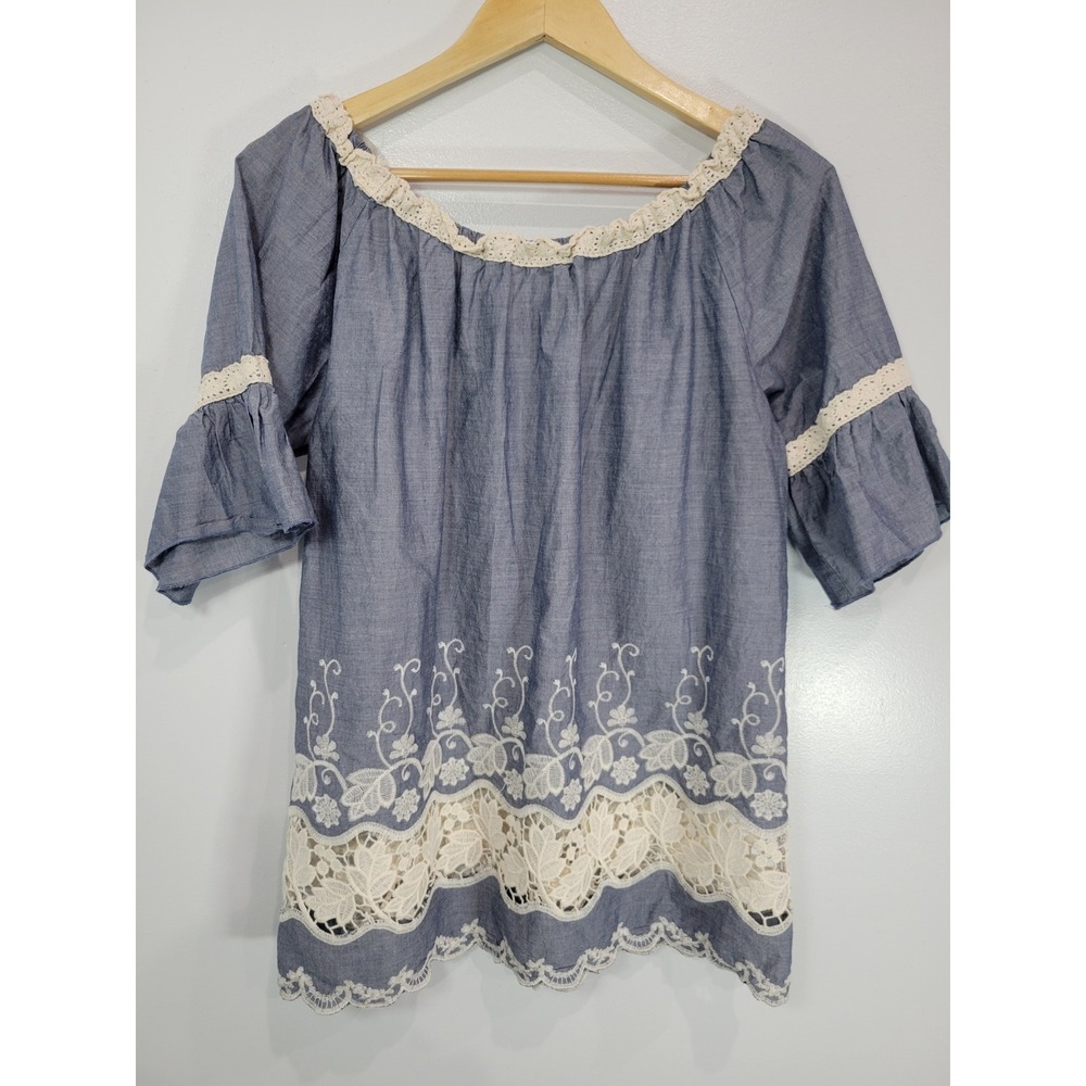 Kaktus Womens Off Shoulder‎ Bell Sleeve Embroidered Lace Trim Tunic Top L Cotton - Picture 4 of 7